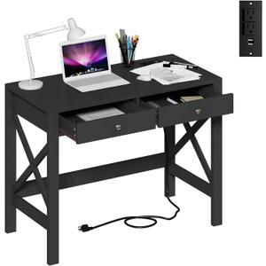 ChooChoo Computer Desk with USB Charging Ports and Power Outlets, 39" Black Desk with Drawers, Small Study Writing Table with Stable X Frame for Home Office