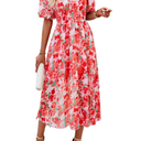 Spring Summer Floral Dresses for Women 2025 Chiffon Empire Waist Puff Sleeve Midi Beach Sundress Boho Vacation Outfits, XL