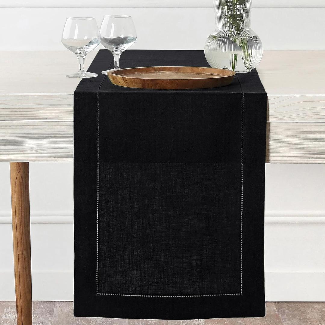 D'Moksha Homes Linen Black Table Runner 72 Inches Long - 100% Pure Linen Hemstitch Table Runner 14 x 72 Inch for Dresser, Dining, Spring, Easter - Classic Hemstitch