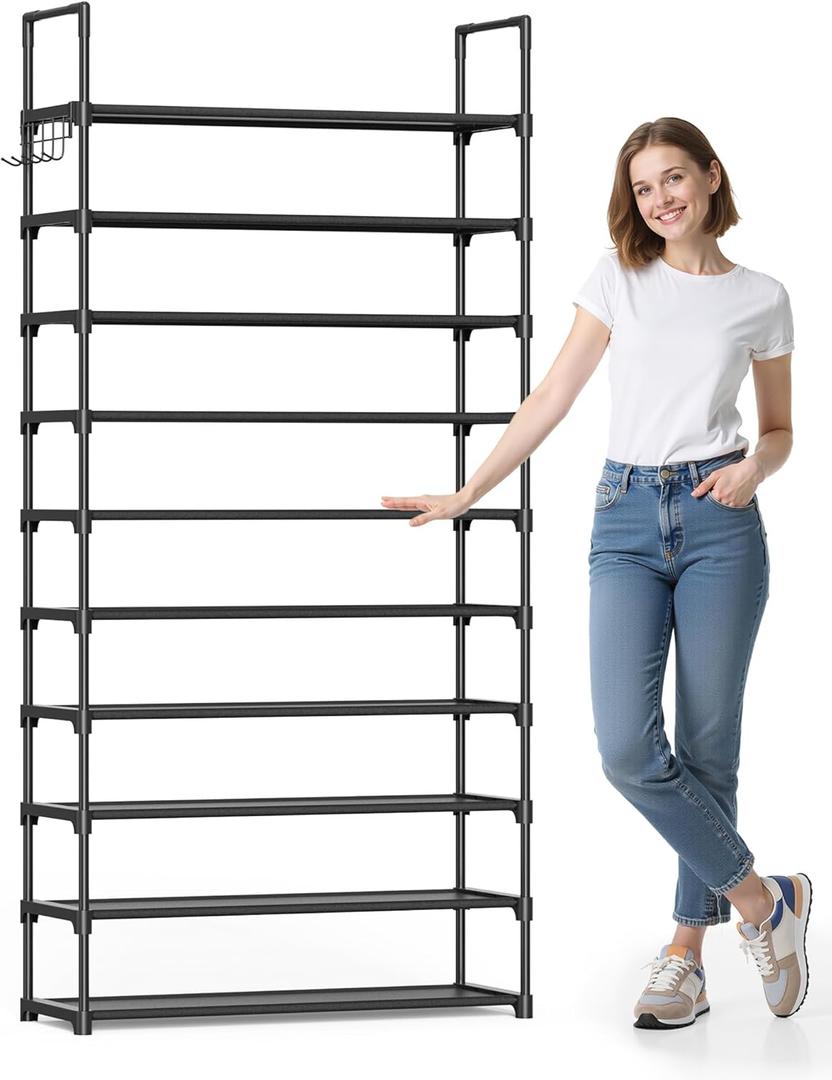 Kitsure Shoe Rack for Closet - 10-Tier Shoe Organizer with Hook Rack, Large-Capacity & Space-Saving Shoe Shelf for Entryway, Bedroom, Living Room,32.2" x 11.8" x 68.5", Black