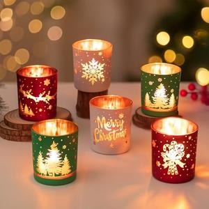 Hewory Christmas Votive Candle Holders: Christmas Tea Light Candle Holder Set of 6, Cylinder Glass Candle Holders Centerpiece Christmas Decorations Indoor Home Decor for Table Fireplace Holiday Party