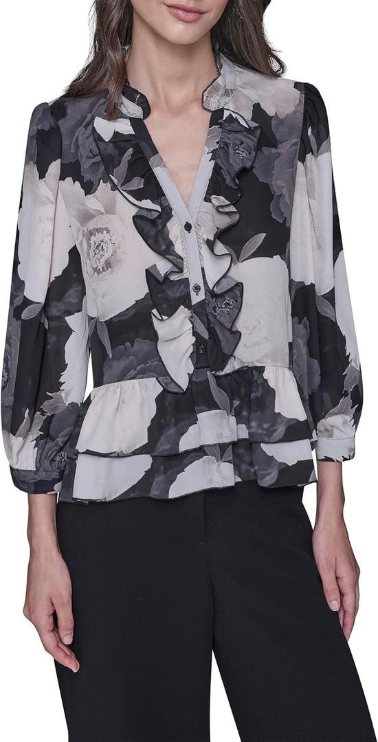 Karl Lagerfeld Women's Long Sleeve V-Neck Floral Printed Blouse (Black Combo) Large