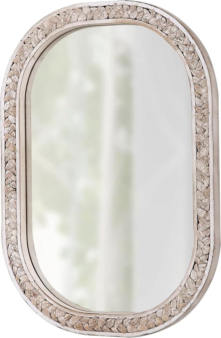 Boho Oval Rattan Mirrors for Bathroom 16 X 24 Inch, Hanging Distressed Washed White Wooden Mirror, Farmhouse Mirrors for Wall Decor, Aesthetic Wall Mirrors Decorative, Horizontal or Vertical