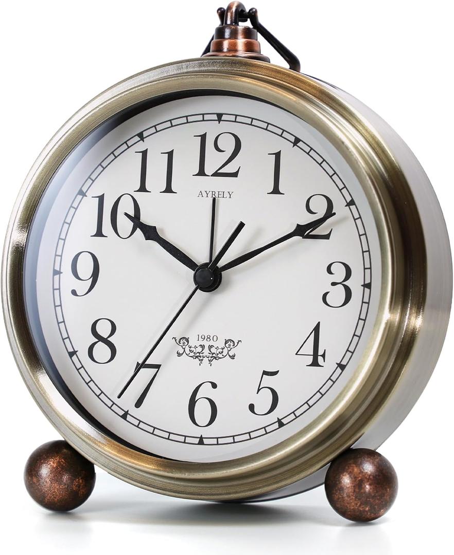 AYRELY 5.3" Vintage Analog Alarm Clock, Battery Operated Metal Desk Clock, Retro Table Clock with Light for Living Rooms, Bedrooms, Shelf, Home Decor (Gold)
