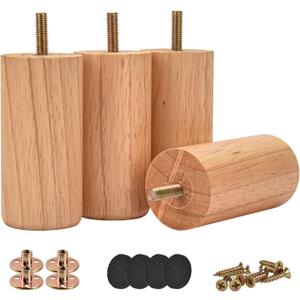 4 inch Solid Wood Furniture Legs, 4Pcs Modern Round Wooden Bun Feet with Threaded 5/16'' Hanger Bolts & Mounting Plate & Screws for Sofa Couch Cabinet Bed