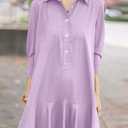 YEXPINE Women's Tunic Mini Shirt Dress Cotton Linen Long Sleeve Button Up Ruffle Hem Loose Casual Summer Pockets Shift Dress (Purple, XS)