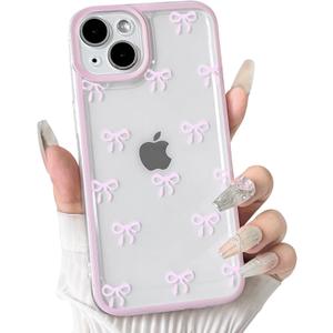 NITITOP Compatible with iPhone 14 Plus Case Cute Clear Durable Ribbon Bowknot Pattern for Girls Women Soft TPU Transparent Full Camera Lens Shockproof Protective Phone Cover - Pink