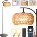 Boho Rattan Floor Lamp with Shade - 12W Bright LED Bulb, Adjustable Height 48-60 Inch, Remote Control 3 Color Temperatures, Handwoven Arc Standing Light for Living Room Bedroom (Small, Bohemian Black)