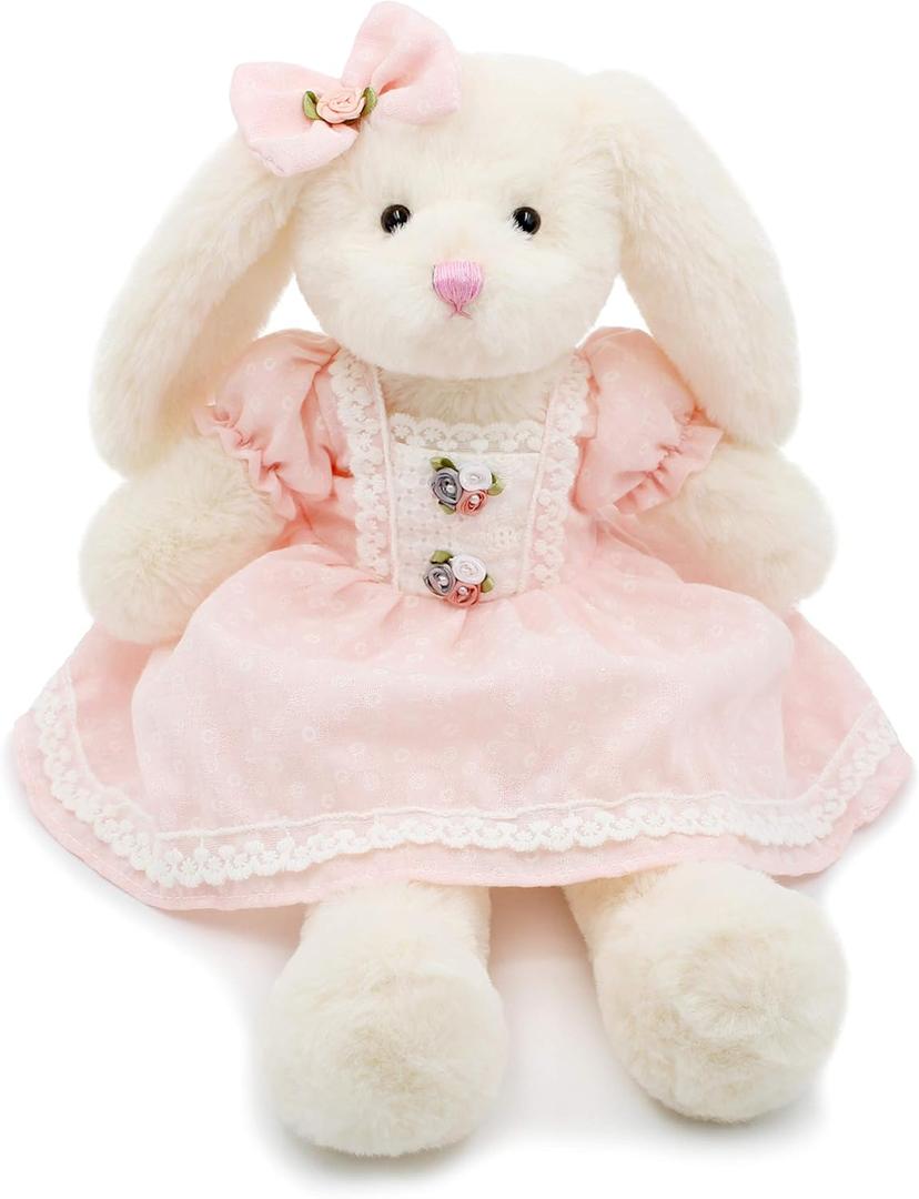 oits cute Small Soft Stuffed Animal Bunny Rabbit Plush Toy for Baby Girls 15inch (White Rabbit Wearing Pink Retro Dress)