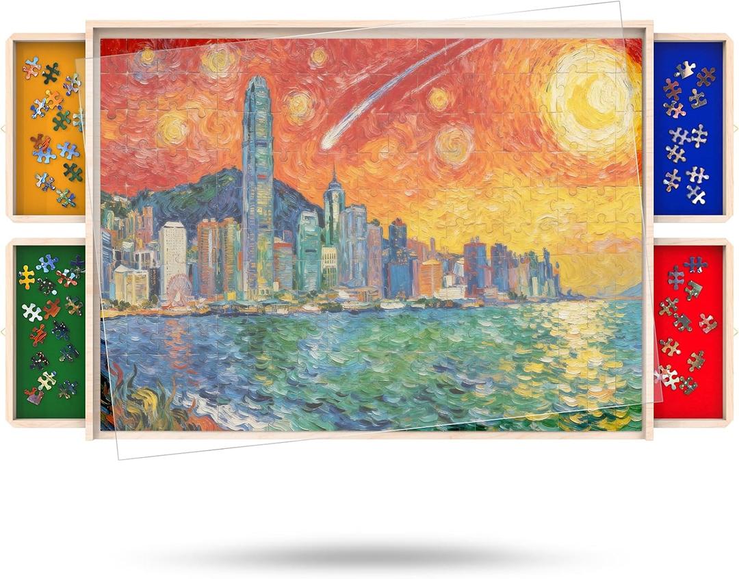 Puzzle Board with Drawers Rotatable 360-Degree Wheels and Cover 30" x 22" 1000 Piece Wooden Jigsaw Puzzle Table Storage Organizer Portable Lightweight Design