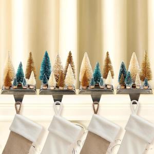 Amyhill 4 Pcs Bottle Brush Trees Christmas Stocking Holders for Mantle Metal Weighted Xmas Tree Stocking Holders Mini Christmas Village Trees with Non-Skid for Xmas Home Fireplace Holiday Decor