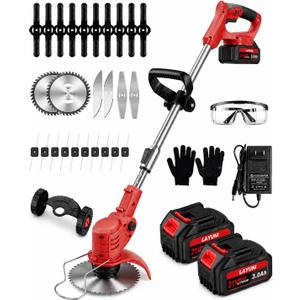 Cordless Weed Wacker with Wheels, 880W Electric Weed Eater with 2 x Batteries, 3-in-1 Battery Powered Grass Trimmer/Brush Cutter with 5 Types Saw Blades
