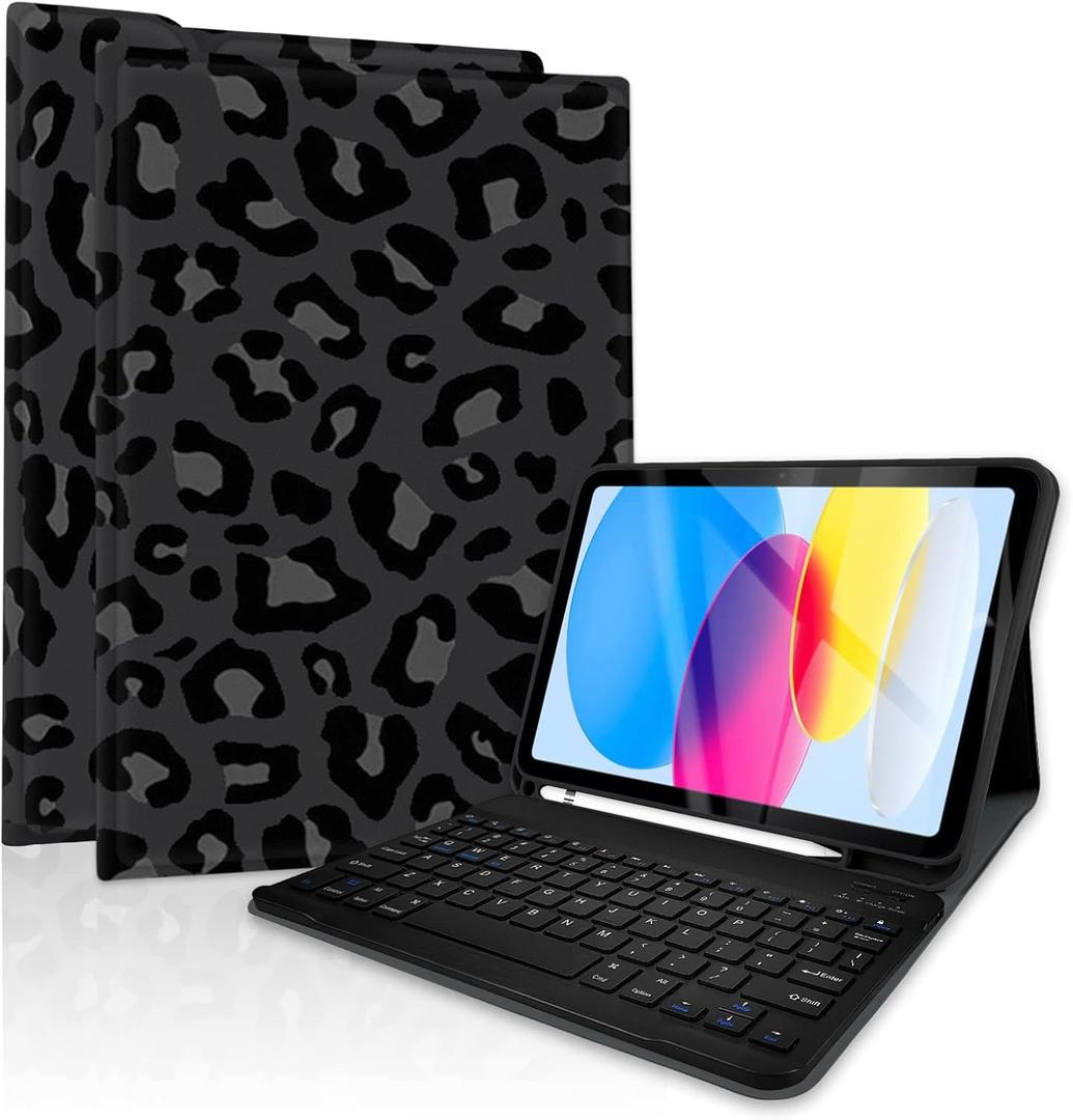 Case Keyboard for iPad 11th (A16) 11-inch 2025 / Gen 10th 10.9in 2022, Detachable,Rechargeable, Magnetically Absorbent, Pencil Holder for 10.9 inch Case with Keyboard-Leopard Black Grey