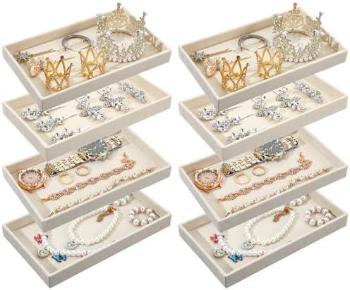 Caeuiciw 8 Pcs Small Velvet Jewelry Tray Stackable Jewelry Drawers Organizer Trays Jewelries Storage Trays 8.3 x 4.7 x 1 Inches (Beige)
