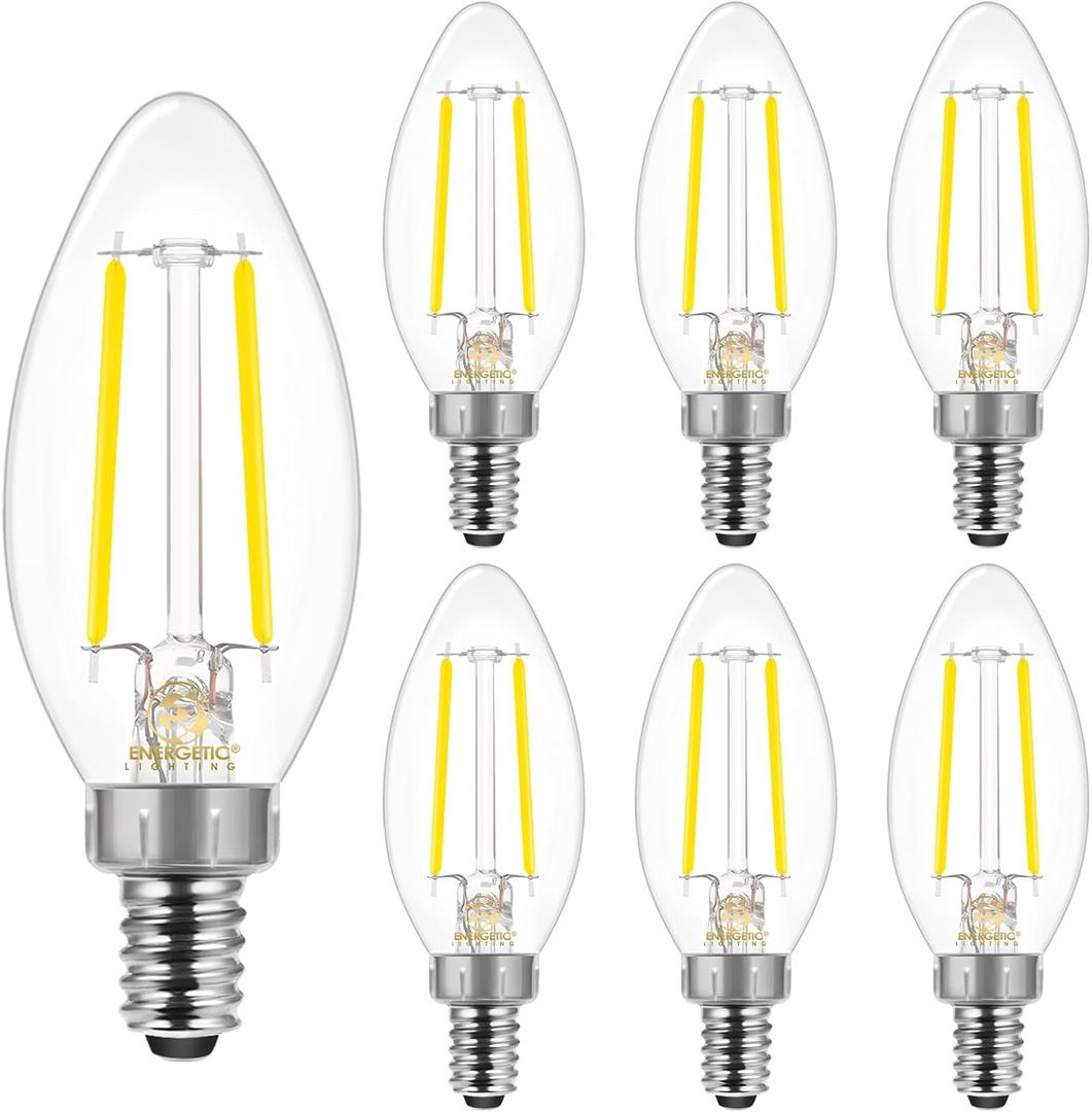Energetic E12 B10 LED Classic Candelabra Clear Light Bulb, 40 Watt Equivalent, Daylight 5000K, Filament Clear Glass, Non-Dimmable, UL Listed Pack of 6
