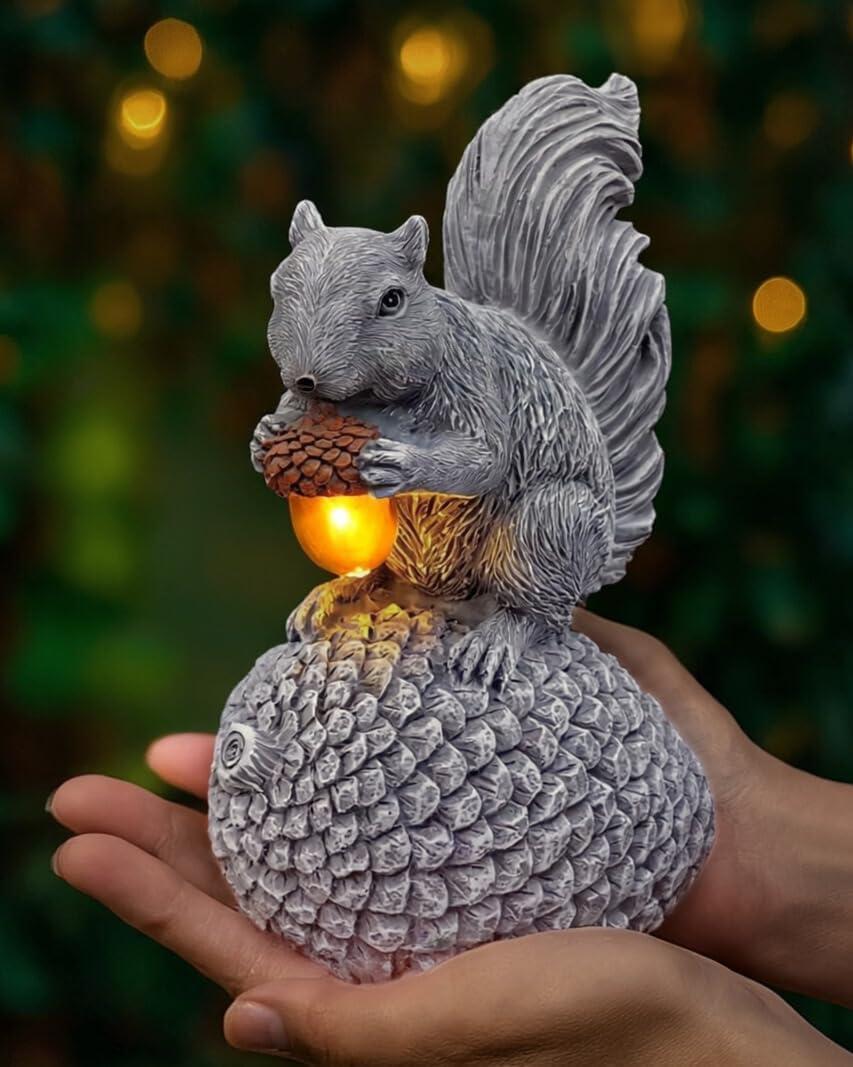 Solar Garden Statue  Hand-Painted Resin Squirrel on Pinecone with Glowing LED Acorn  Charming Yard, Patio & Balcony Decor  Gift for Mom, Grandma & Garden Lovers