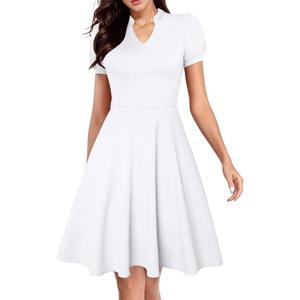 XXTAXN Womens Sexy Short Sleeve V Neck High Waist Cocktail A Line Midi Swing Dress (White) S