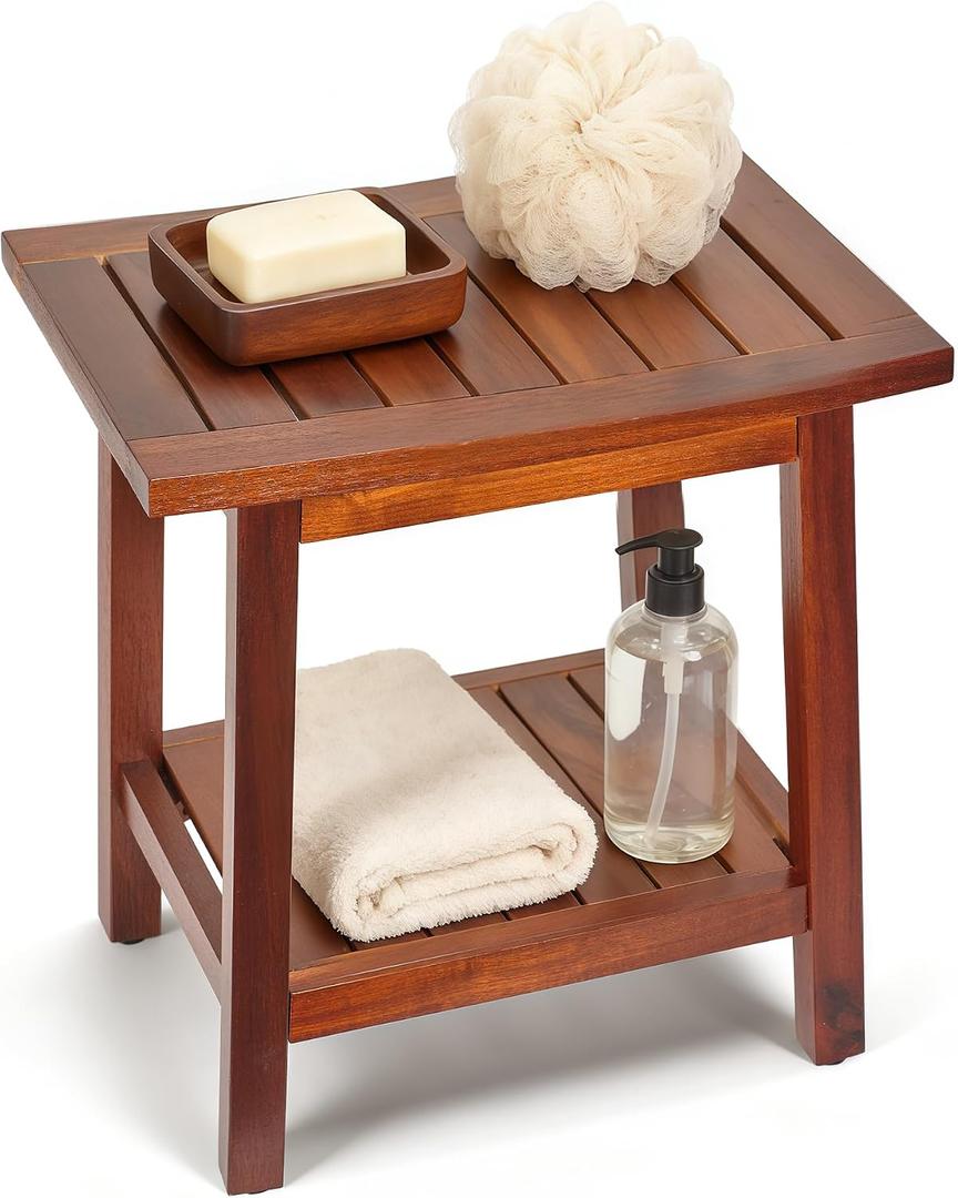 Upolana Teak Shower Bench, 16" Solid Acacia Wood Shower Stool Waterproof Shower Seat with Storage Shelf for Bathroom, Indoor & Outdoor Use