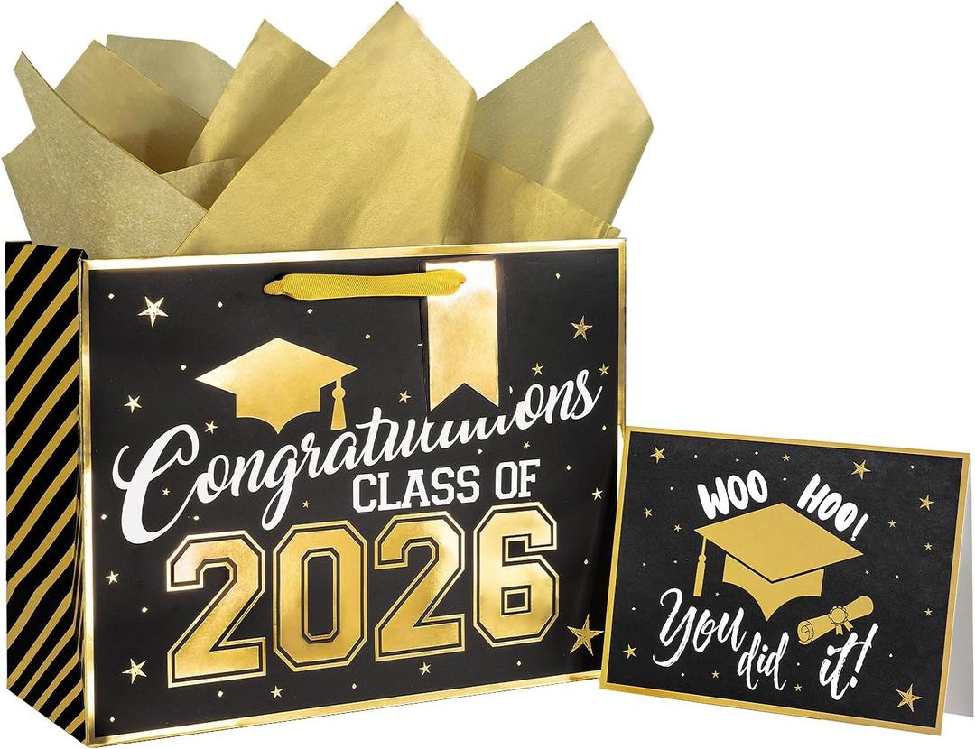 Loveinside 13" Large Black & Gold Graduation Gift Bag, Gold Foil Class of 2026 Congratulations Design Gift Bag with Tissue Paper, Card, Tag for Graduates, Graduation Party, 13" x 5" x 10", 1 Pcs