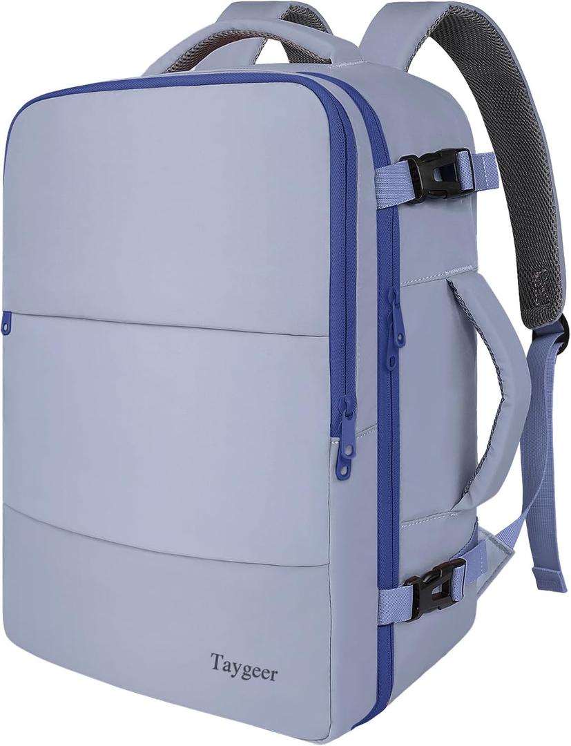 Taygeer Large Travel Backpack for Men Women, 35L Carry On Backpack Airline Approved, Personal Item Travel Bag with Water Bottle Pocket & Shoe Compartment, Laptop Backpack for Gym Hiking, Gray Blue