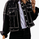 Apafes Women's Long Sleeve Rivet Studded Denim Jacket Casual Pearl Short Jean Coat Concert Nashville Outfits L