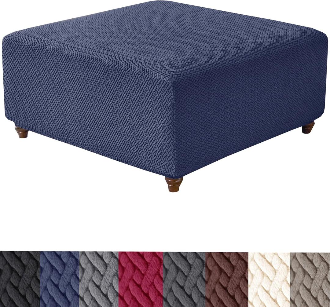 HFCNMY Stretch Knitted Jacquard Thick Washable Storage Ottoman Slipcover Foot Stool Cover with Elastic Bottom Blue Medium