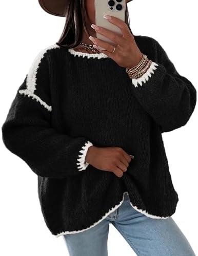 KIRUNDO Womens Sweaters 2026 Fall Oversized Long Sleeve Chunky Knit Crew Neck Contrast Stitching Pullover Winter Clothes Size M