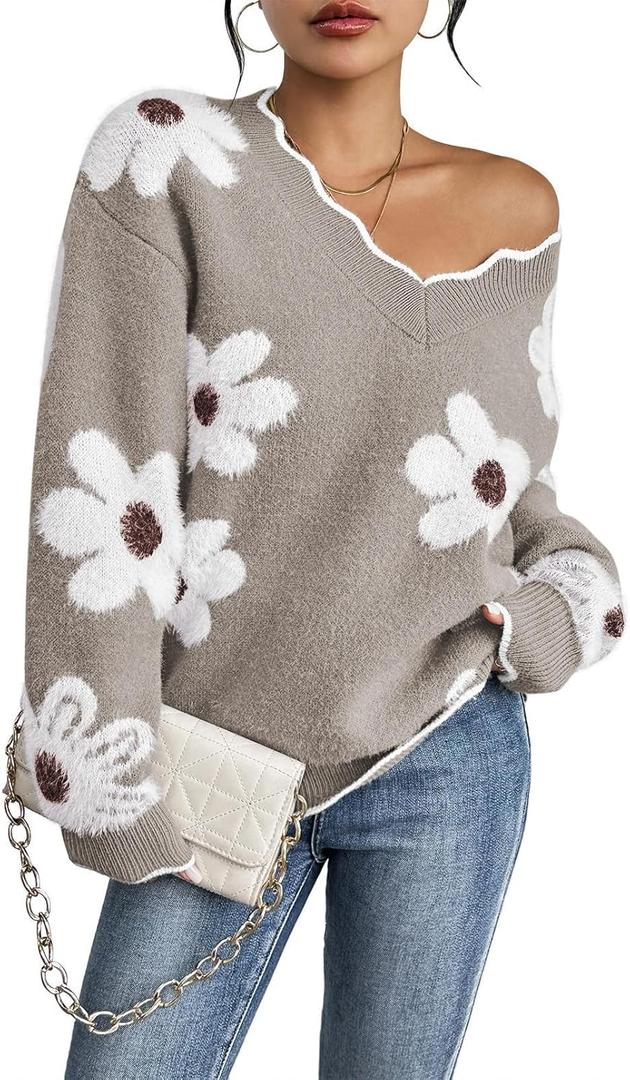 Pink Queen Women's Oversized V Neck Fuzzy Sweaters 2026 Casual Loose Long Sleeve Chunky Knit Pullover Jumper Tops (Large, Light G Taupe)