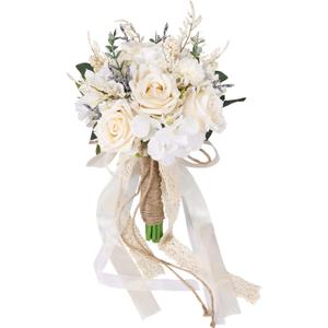 CEWOR Wedding Bouquets for Bride Bridesmaid, White Champagne Artificial Roses Flowers Wedding Decoration (7.5in)