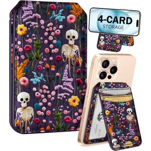 Shorogyt Compatible with Magsafe Wallet for Magnetic Fold Card Holder for Women - Cute Phone Wallet for iPhone 17/16/15/14/13/12 Series,RFID Blocking Stand Printed Leather Fit 4 Cards,Skull Flower, Biege