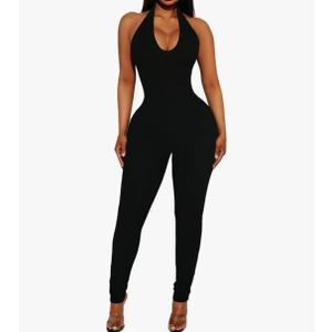Women's Halter Bodycon Black Jumpsuits - One Piece Backless Leopard Summer Casual Workout Club Pants Rompers Outfits Catsuits, M
