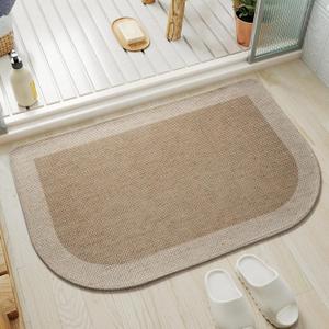 Half Circle Bath Mat, Non Slip Bath Mat, Thin Bathroom Rugs Fit Under Door Quick Dry Absorbent Washable Bathroom Mat with Rubber Backing, Brown Beige 16x24