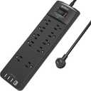 Addtam 15FT Long Power Strip, Surge Protector with 10 Outlets and 4 USB Ports, Extension Cord with Flat Plug, 2700 Joules, ETL Listed, Black