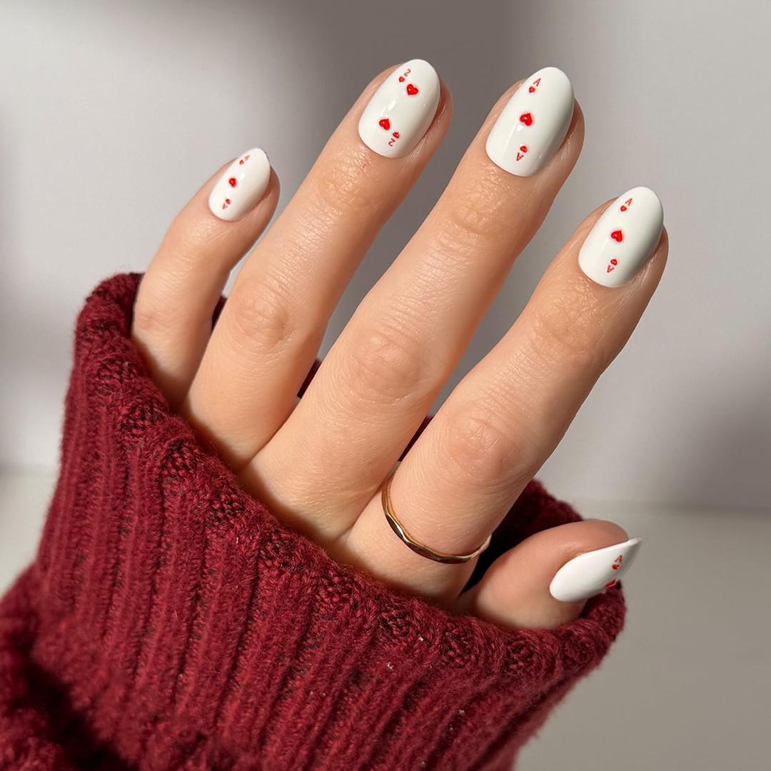 Glamnetic Press On Nails - Ace of Hearts | Short Oval Fake Nails in White Solid Base with Raised Ace of Hearts Graphics in a Glossy Finish | 15 Sizes - 30 Nail Kit with Glue