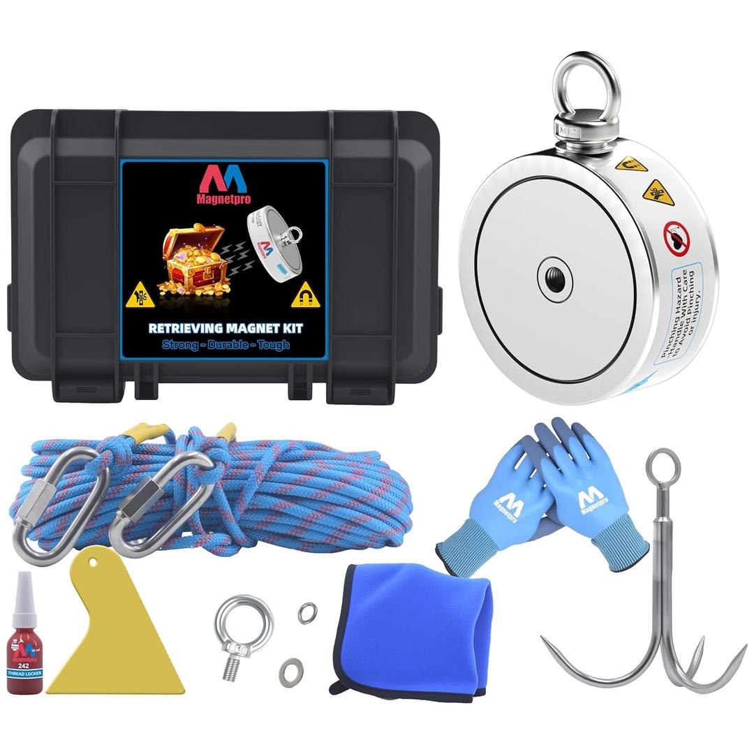 Magnetpro 3000LBs Complete Retrieving Magnet Fishing Kit | Double Sided Fishing Magnet Kit | Includes Strong Neodymium Magnets, Durable 65ft Rope, Carabiner, Gloves, Grappling Hook & Carry Case