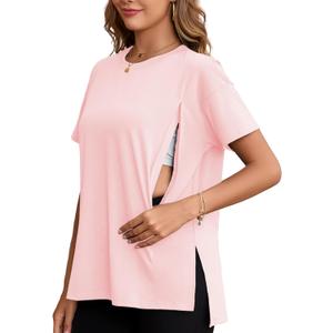 Ecavus Women's Oversized Nursing Shirts for Breastfeeding with Hidden Zipper Short Sleeves Side Splits Maternity Tops (X-Large, Pink)