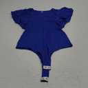 MISSJOY Womens V Neck Ruffle Short Sleeve Ribbed Slimming Basic Bodysuit Leotards Tops Blouses (Medium, Royal Blue)