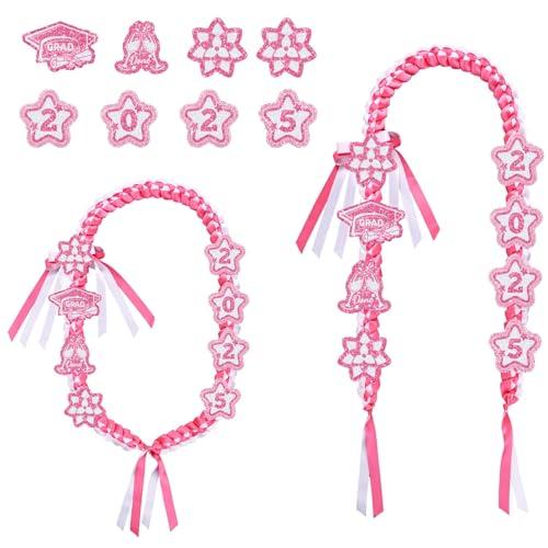 BOXOB 9pcs Graduation Leis Set, Class of 2025 Graduation Neck Garland Braided Necklace Star Flower Ribbon Lei Decorations Grad Gifts for High School & College Ceremony Party (Pink White)