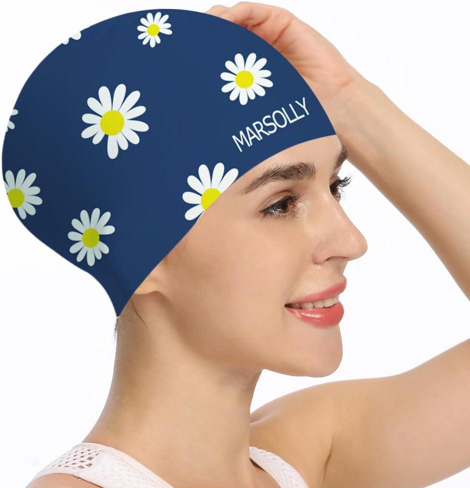 Silicone Swim Cap for Women, Waterproof Long Hair Swimming Caps with Flower Printed (Navy)