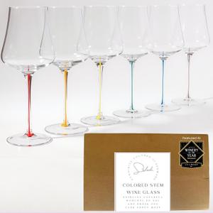Saludi Colored Stem Wine Glasses - Set of 6 Hand Blown - Mixed Color Stems That Won’t Chip - For Red And White Wine - Dishwasher Safe - Gift Ready