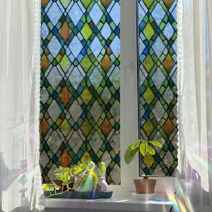 Runtoo Window Privacy Film Rainbow Lattice Window Clings 3D Decorative Vinyl Stained Glass Boho Decals Static Sticker Non-Adhesive, 15.75 x 40 inches