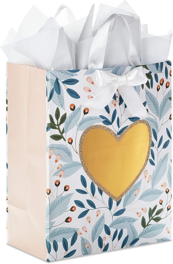 Hallmark 13" Large Gift Bag with Tissue Paper (Green Foliage, Gold Heart) for Weddings, Engagements, Anniversaries, Bridal Showers, and More