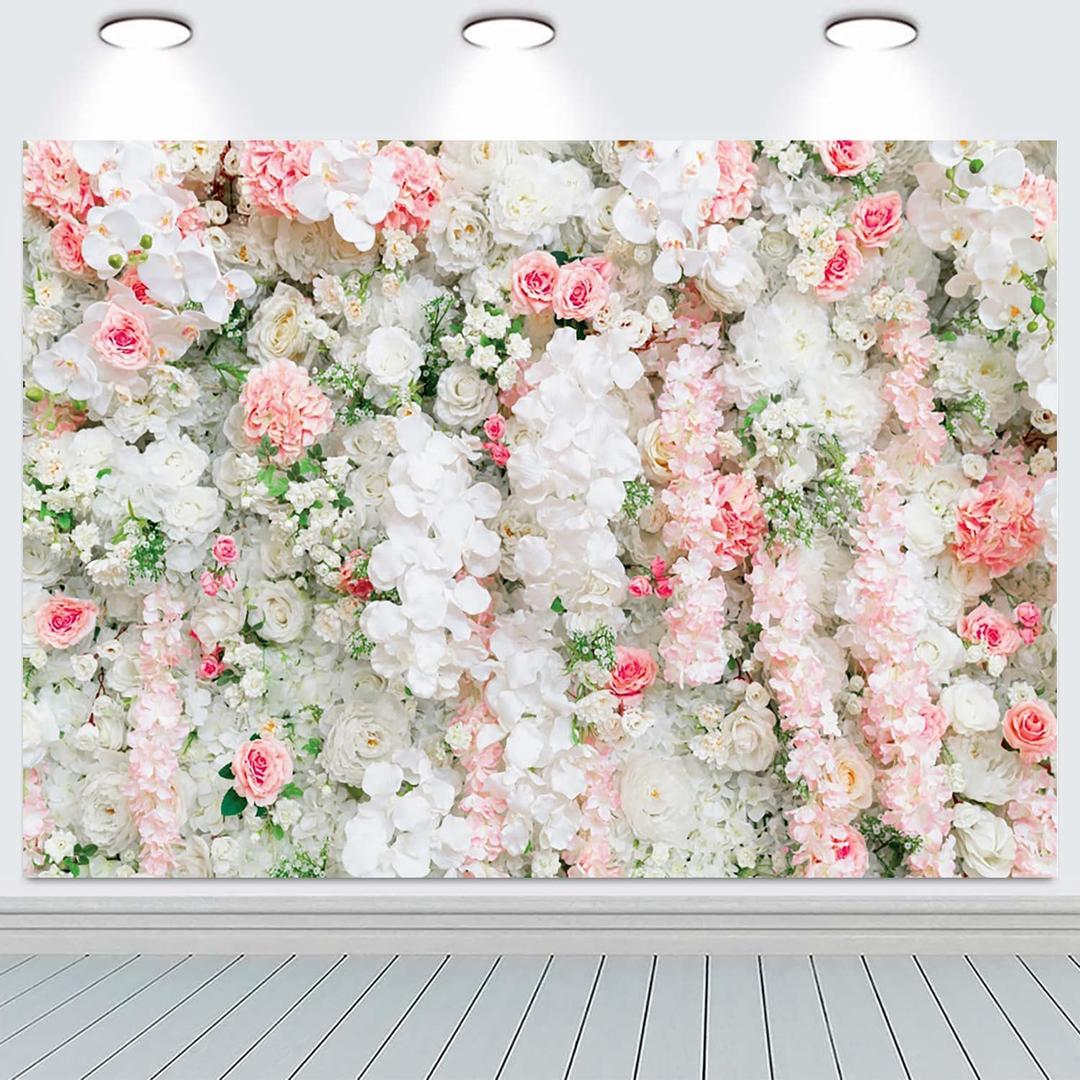 10x8FT Flower Wall Backdrop Pink White Rose Floral Photography Background Girls Birthday Party Wedding Bridal Shower Party Decorations Portrait Photoshoot Banner Photo Booth Props