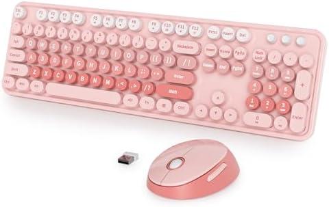 SbocKeeb Wireless Keyboard . Retro Typewriter Keyboard, 2.4GHz Full Size 104-Key Cute Keyboard with Number Pad, Colorful Keyboard with Round Keycaps for Windows PC Laptop(Pink)