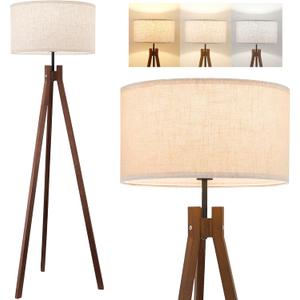 ELYONA Wood Tripod Floor Lamp, Mid Century Reading Standing Lamp with 3 Color Temperatures & Linen Shade, Modern Night Light for Bedroom, Farmhouse, Living Room, Office, 9W LED Bulb Included, Brown