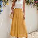 Women's Chiffon Pleated Maxi Skirt Elastic High Waisted Boho A-Line Fall Flowy White Long Skirts with Lining (Yellow, M)