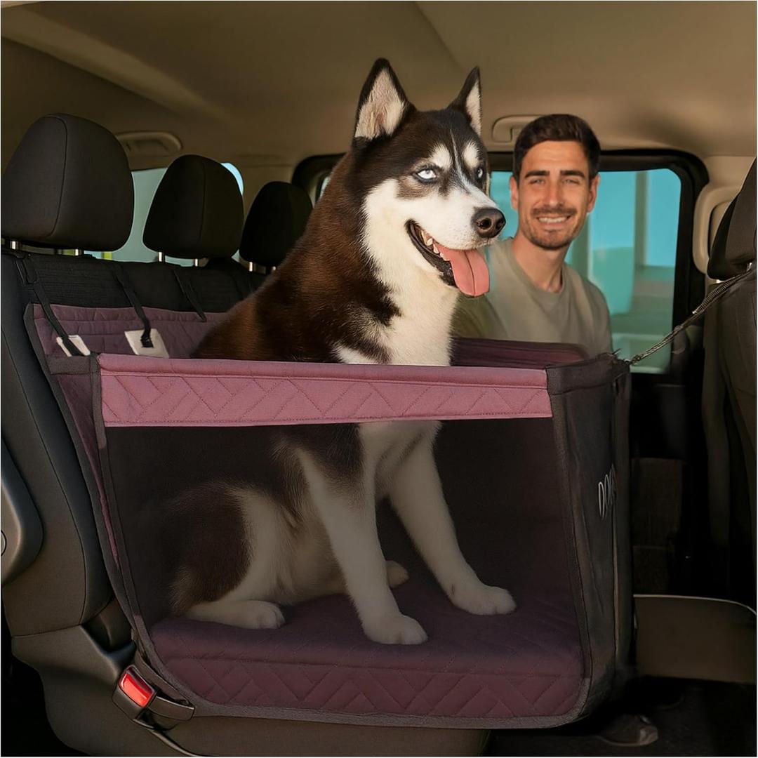 Premium Dog Car Seat for Medium & Large Dogs | Waterproof, Non-Slip with Rigid Base, Easy to Install, Washable & Universal Fit | Stylish & Durable Dog Seat for Car Travel (Black and Brown)