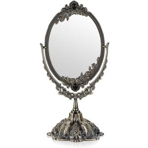 JUXYES Metal Tabletop Antique Decorative Makeup Mirror with Stand, Vintage Swivel Double Sided Cosmetic Mirror with Frame, Retro Desktop Oval Dressing Mirror for Bathroom Bedroom