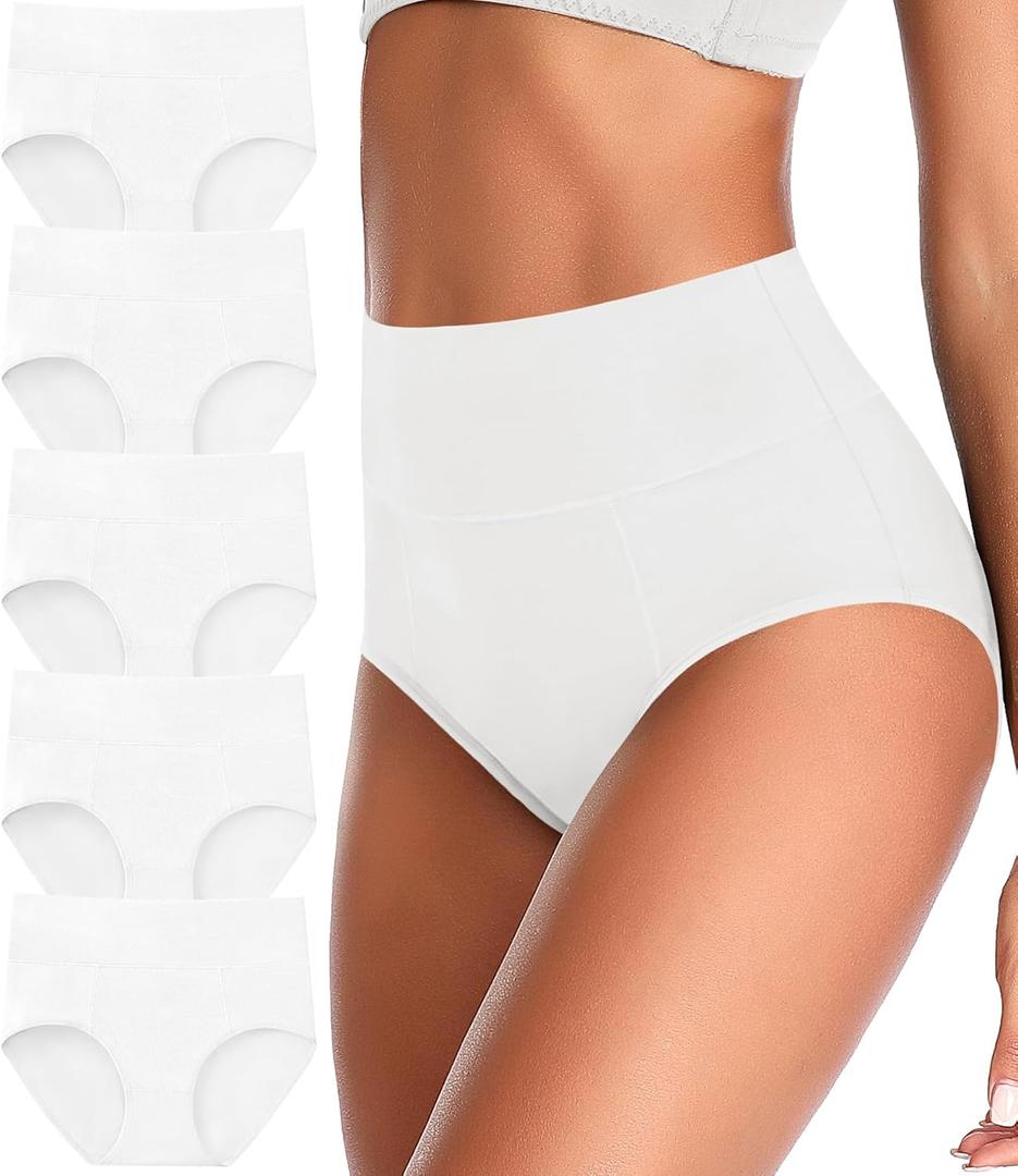 ASIMOON Tummy Control High Waisted Underwear for Women Cotton Plus Size Full Coverage Panties Ladies Briefs 3X-Large, White-5 Pack