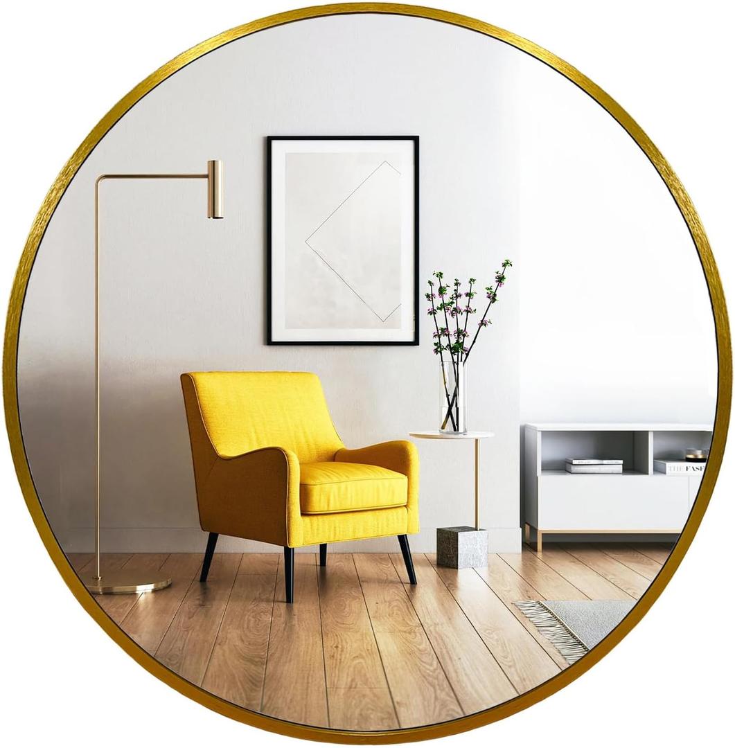 Oruii Gold Round Mirror, Golden Round Mirror 24 inch, Circle Wall Mirrors Metal Frame, Brass Circular Mirrors for Bathroom, Wall, Living Room, Entryway, Hallway, Vanity, Rustic